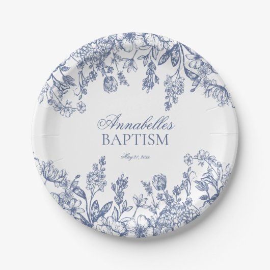 Blue Chinoiserie Vintag Floral Baptism Dessert Pappteller (Vorderseite)