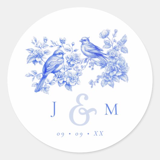 Blue Chinoiserie Vintag Love Birds Hochzeit Runder Aufkleber (Vorderseite)