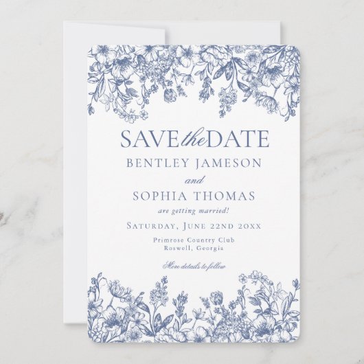 Blue Chinoiserie Vintage Blumenkarte Save the Date Einladung (Vorderseite)