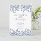 Blue Chinoiserie Vintage Floral Baby Shower Einladung (Stehend Vorderseite)