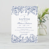 Blue Chinoiserie Vintage Floral Baptism Einladung (Stehend Vorderseite)