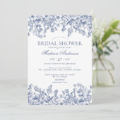 Blue Chinoiserie Vintage Floral Bridal Shower Einladung (Stehend Vorderseite)