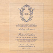 Blue Chinoiserie Wappen Monogram Wedding Acryleinladungen (Vorderseite)