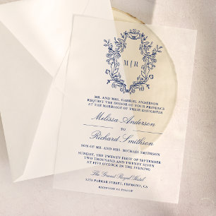 Blue Chinoiserie Wappen Monogram Wedding Pergament Einladungen