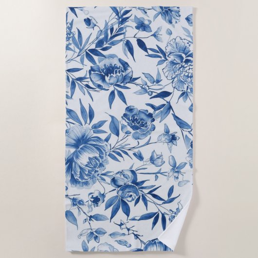 Blue Chinoiserie Watercolor Floral Botanical Strandtuch (Vorderseite)