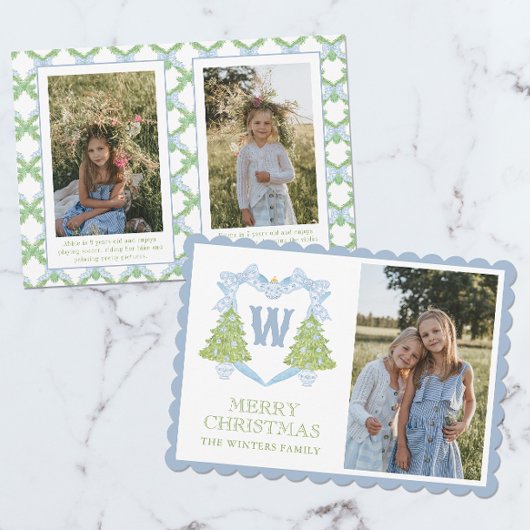 Blue Chinoiserie Weihnachtsbaum Monogram Wappen Feiertagskarte