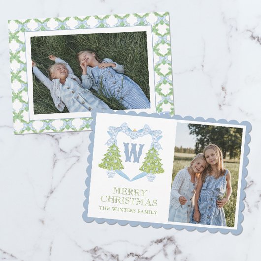 Blue Chinoiserie Weihnachtsbaum Monogram Wappen Feiertagskarte