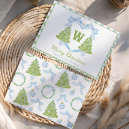 Blue Chinoiserie Weihnachtsbaum Monogram Wappen Feiertagskarte