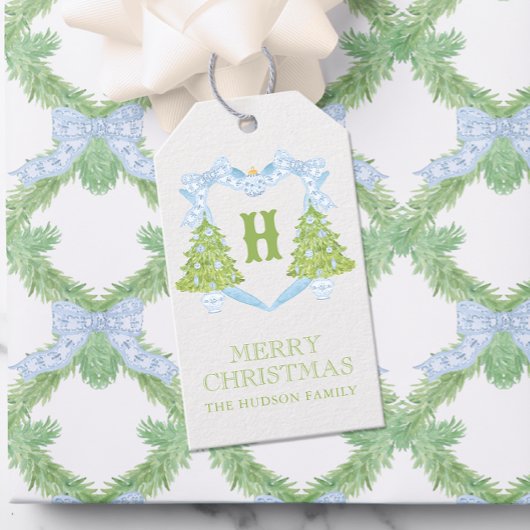 Blue Chinoiserie Weihnachtsbaum Monogram Wappen Geschenkanhänger