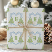 Blue Chinoiserie Weihnachtsbaum Monogram Wappen Geschenkpapier Set