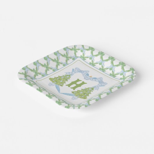 Blue Chinoiserie Weihnachtsbaum Monogram Wappen Pappteller (Gewinkelt)