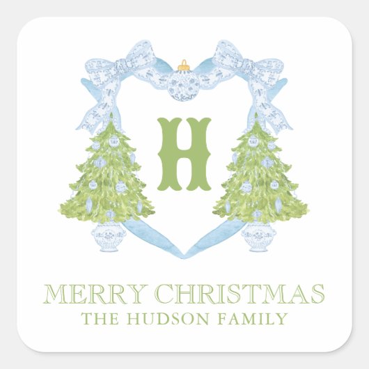 Blue Chinoiserie Weihnachtsbaum Monogram Wappen Quadratischer Aufkleber (Vorderseite)