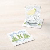 Blue Chinoiserie Weihnachtsbaum Monogram Wappen Rechteckiger Pappuntersetzer (Vor Ort)