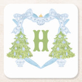 Blue Chinoiserie Weihnachtsbaum Monogram Wappen Rechteckiger Pappuntersetzer (Vorderseite)