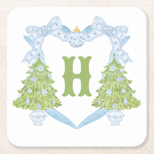 Blue Chinoiserie Weihnachtsbaum Monogram Wappen Rechteckiger Pappuntersetzer (Vorderseite)