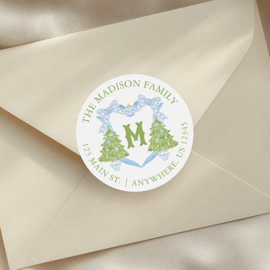 Blue Chinoiserie Weihnachtsbaum Monogram Wappen Runder Aufkleber