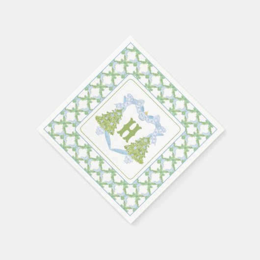 Blue Chinoiserie Weihnachtsbaum Monogram Wappen Serviette (Ecke)