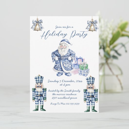 Blue Chinoiserie Weihnachtsfeiertage Party Einladung (Stehend Vorderseite)