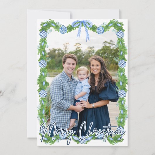 Blue Chinoserie Ornament Navy Frame Card Dankeskarte (Vorderseite)