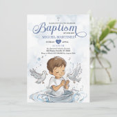 Blue Christening Dove Niedlicher Junge Gebet Taufe Einladung (Stehend Vorderseite)