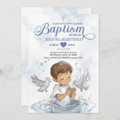 Blue Christening Dove Niedlicher Junge Gebet Taufe Einladung (Vorne/Hinten)