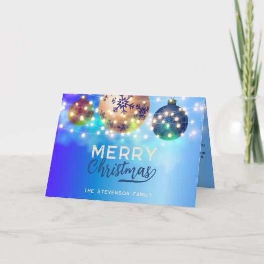 Blue Christmas Baubles Twinkling String Lights Karte (Vorderseite)