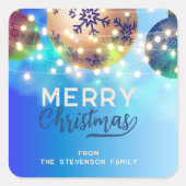 Blue Christmas Baubles Twinkling String Lights Quadratischer Aufkleber (Vorderseite)