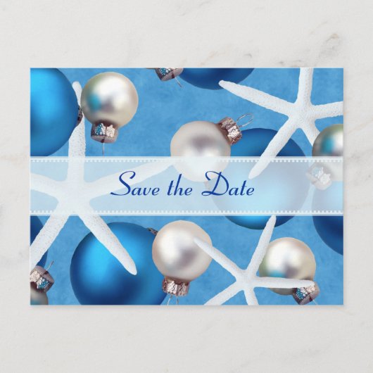 Blue Christmas Beach Wedding Save the Date Cards Ankündigungspostkarte (Vorderseite)