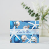 Blue Christmas Beach Wedding Save the Date Cards Ankündigungspostkarte (Stehend Vorderseite)