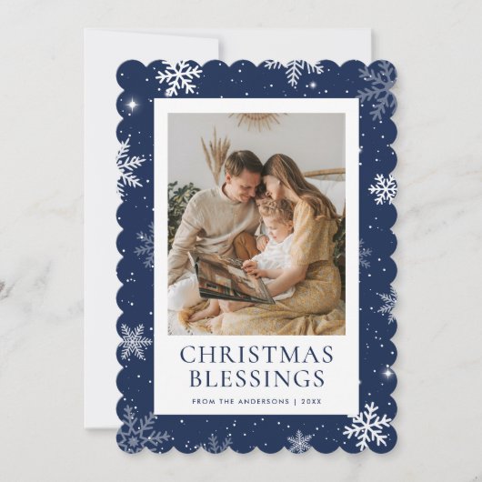 Blue Christmas Blessings Snowflake Photo Feiertagskarte (Vorderseite)