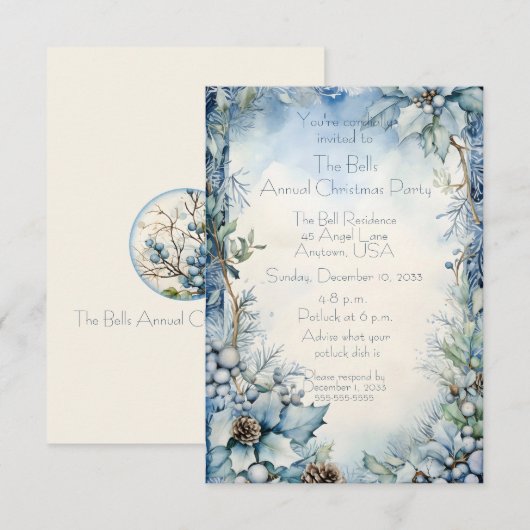 Blue Christmas Blume Jährliches Weihnachtsfest Par Einladung (Vorne/Hinten)