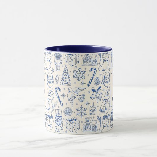 Blue Christmas Doodle Monogram und Name Tasse (Zentrum)