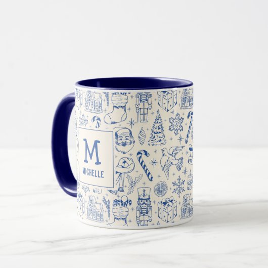 Blue Christmas Doodle Monogram und Name Tasse (Vorderseite Links)