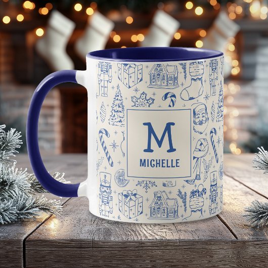 Blue Christmas Doodle Monogram und Name Tasse