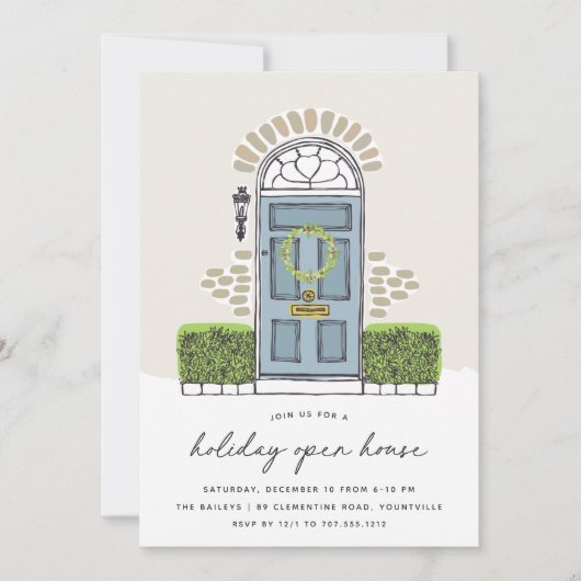 Blue Christmas Door | Ferienhaus Einladung (Vorderseite)