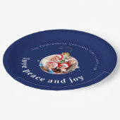 Blue Christmas Family Photo Love Peace Joy Holiday Pappteller (Schrägansicht)