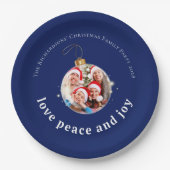 Blue Christmas Family Photo Love Peace Joy Holiday Pappteller (Vorderseite)