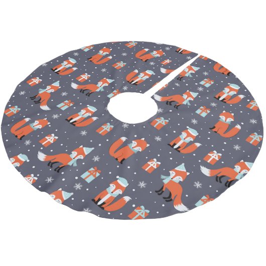 Blue Christmas Fox Pattern Polyester Weihnachtsbaumdecke (Schrägansicht)