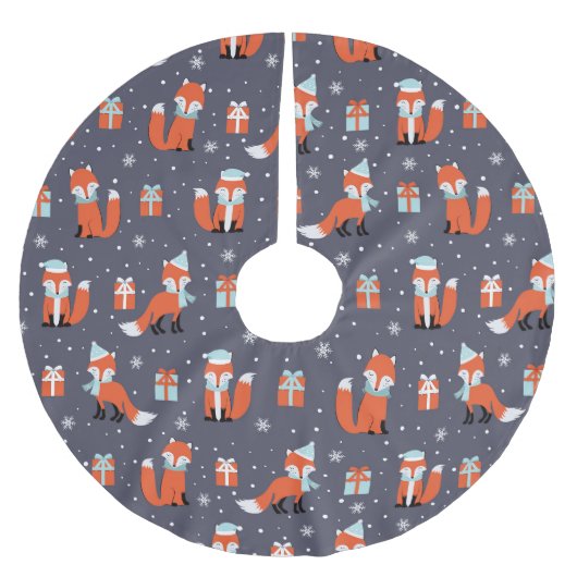 Blue Christmas Fox Pattern Polyester Weihnachtsbaumdecke (Vorderseite)