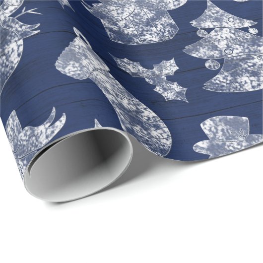Blue Christmas Frost Snowman Rustic Geschenkpapier (Rolleneckpunkt)