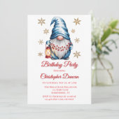 Blue Christmas Gnome Boy Birthday Party Einladung (Stehend Vorderseite)