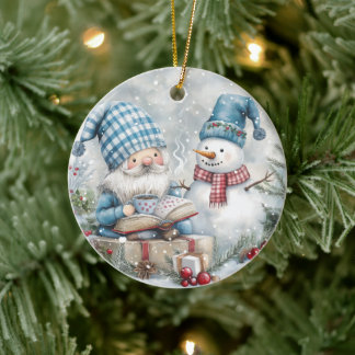 Blue Christmas Gnome Keramik Ornament
