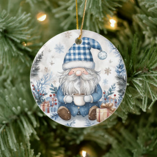 Blue Christmas Gnome Keramik Ornament