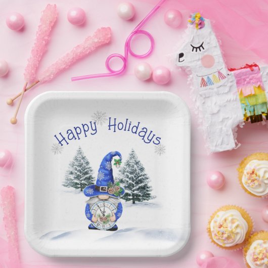 Blue Christmas Gnome mit Uhr Pappteller (Party)