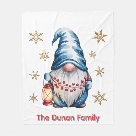 Blue Christmas Gnome with Red Lantern Berries  Fleecedecke (Vorderseite)