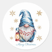 Blue Christmas Gnome with Red Lantern Berries Runder Aufkleber (Vorderseite)
