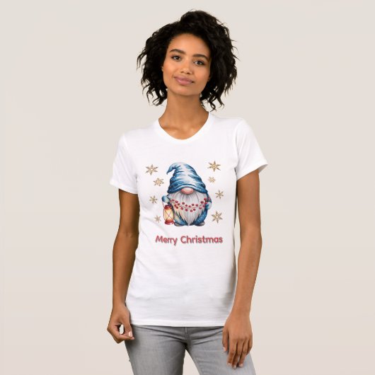 Blue Christmas Gnome with Red Lantern Berries T-Shirt (Vorne ganz)
