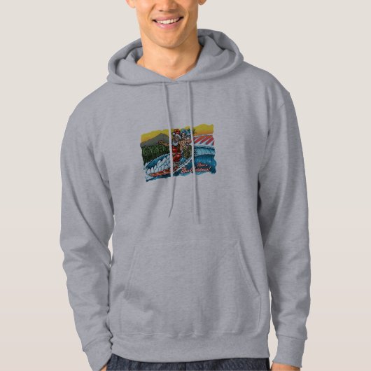 Blue Christmas Hawaiian Surfing Santa Illustration Hoodie (Vorderseite)