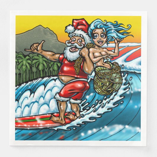 Blue Christmas Hawaiian Surfing Santa Illustration Serviette (Vorderseite)
