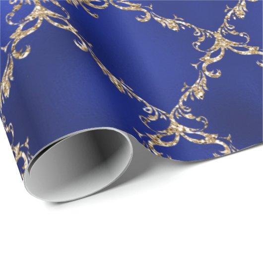 Blue Christmas Holiday Gold Glitzer Damask Geschen Geschenkpapier (Rolleneckpunkt)